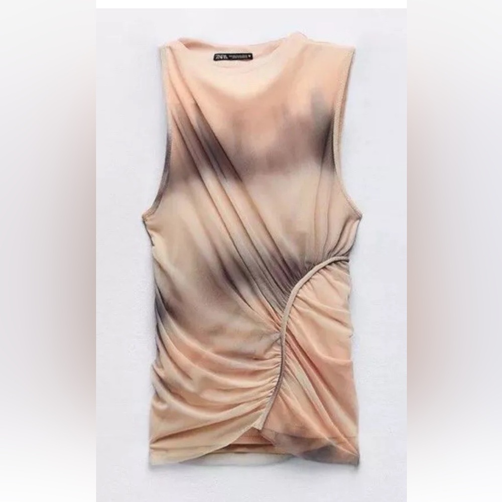 Zara Beige Ruched Asymmetrical Mesh Tank - Sheer Draped Lined Sleeveless Blouse